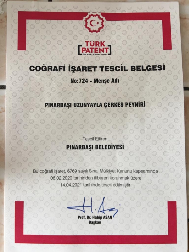 Pınarbaşı Uzunyayla Çerkes Peyniri Tescillendi